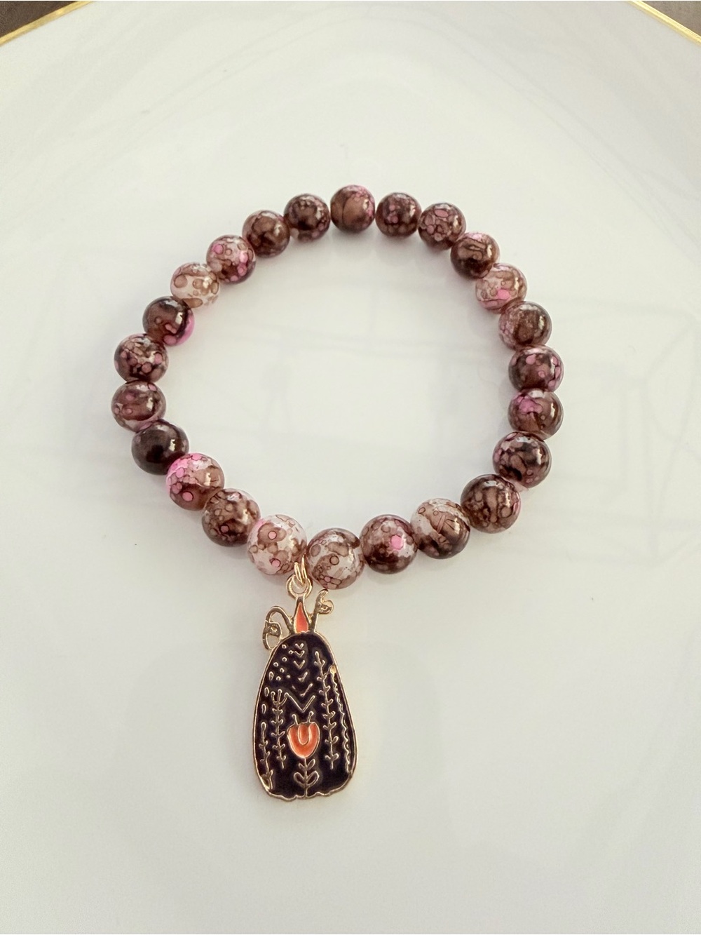 Fall Pink and Brown Beaded Stretch Bracelet with Floral Pumpkin Charm